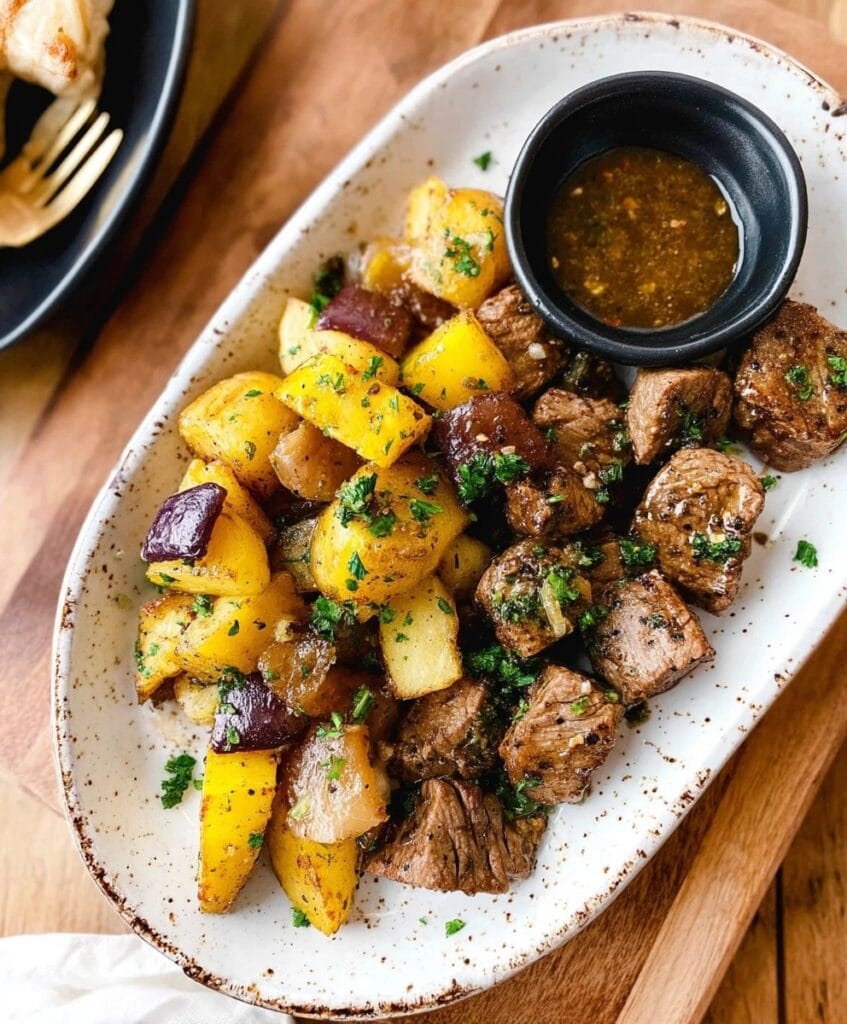 Steak bites and potatoes serving