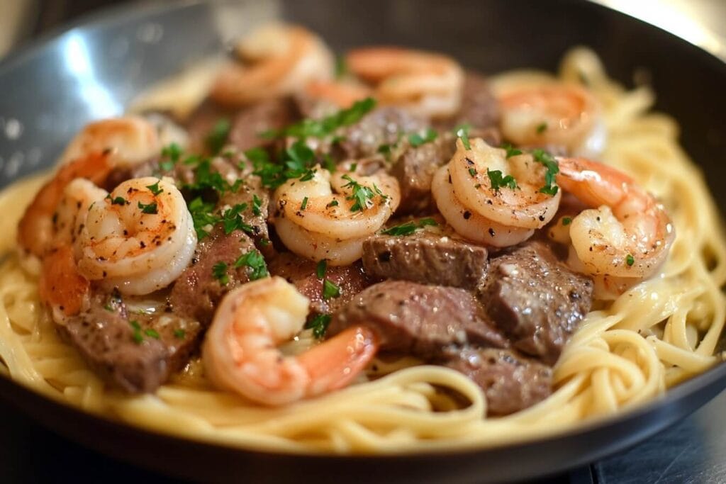 Cajun Shrimp and Steak Alfredo Pasta