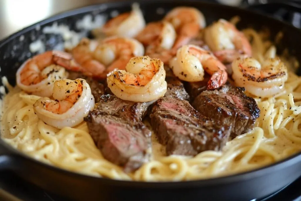 Cajun Shrimp and Steak Alfredo Pasta plat